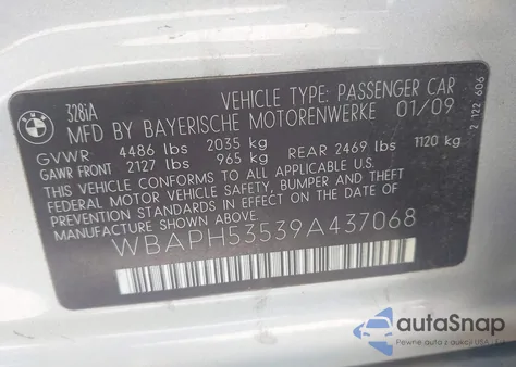 2009 BMW 328I из США, поврежденный, VIN WBAPH53539A437068